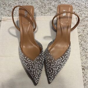 Zara Silver and Pearl Slingback Heels with Crystal Embellishments